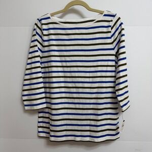 Talbots Striped Shirt‎ Top White Blue Olive Green Nautical Large Petite